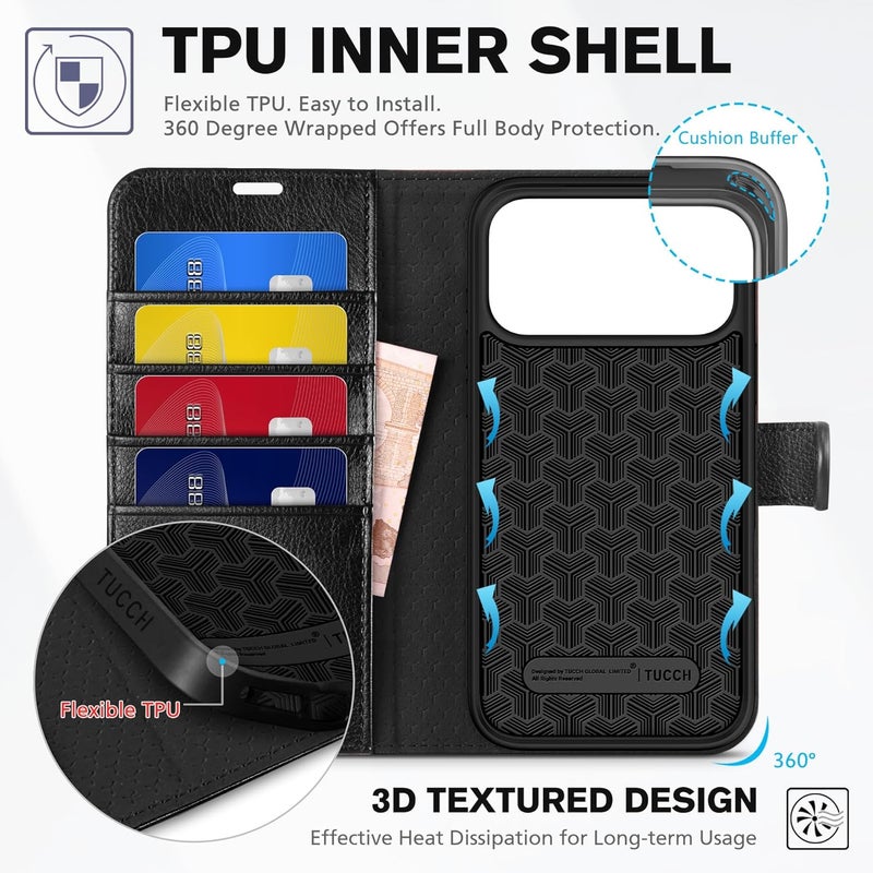 TUCCH Case Wallet for iPhone 17 Pro Max (6.9-Inch) 2025, RFID Blocking 4 Card Slots, Kickstand, Magnetic Closure, PU Leather, Shockproof TPU Shell, Protective Folio Cover, Textured Black - Image 5